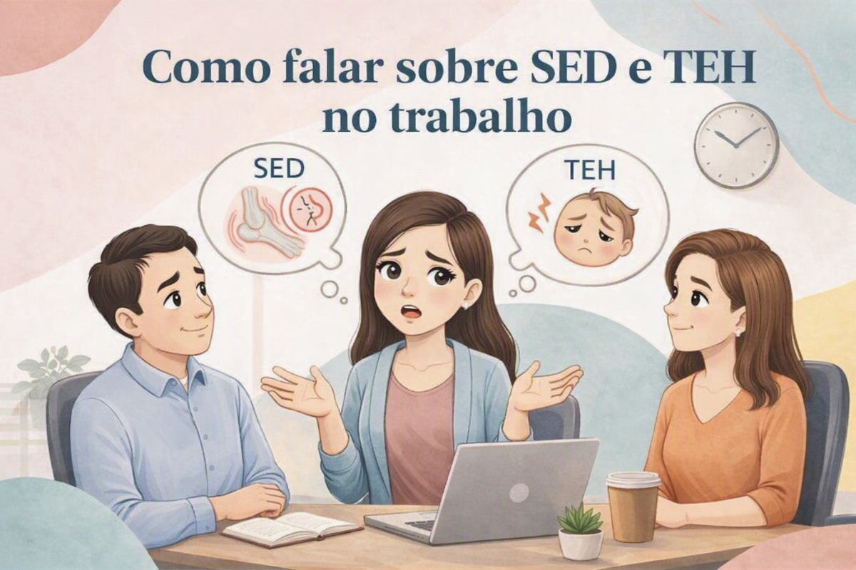 Falar sobre SED e TEH no ambiente de trabalho não significa precisar justificar constantemente a própria condição. Como os sintomas podem ser invisíveis e variar ao longo do tempo, o mais importante é comunicar de forma objetiva quais necessidades interferem no trabalho e quais adaptações ajudam no desempenho. Você não precisa contar todos os detalhes do diagnóstico. É possível explicar apenas o necessário, estabelecer limites sobre informações pessoais e conversar sobre pausas, mudanças de posição, adaptações do ambiente ou reorganização de tarefas. Dados científicos mostram que SED e TEH podem afetar a participação profissional e a capacidade funcional, mas isso não significa incapacidade para trabalhar. O objetivo das adaptações é permitir que cada pessoa consiga exercer suas atividades de forma mais segura e sustentável. Informar uma necessidade não é se justificar. É comunicar o que você precisa para trabalhar.